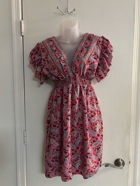 Pink Paisley V-Neck Mini Dress with Puff Sleeves